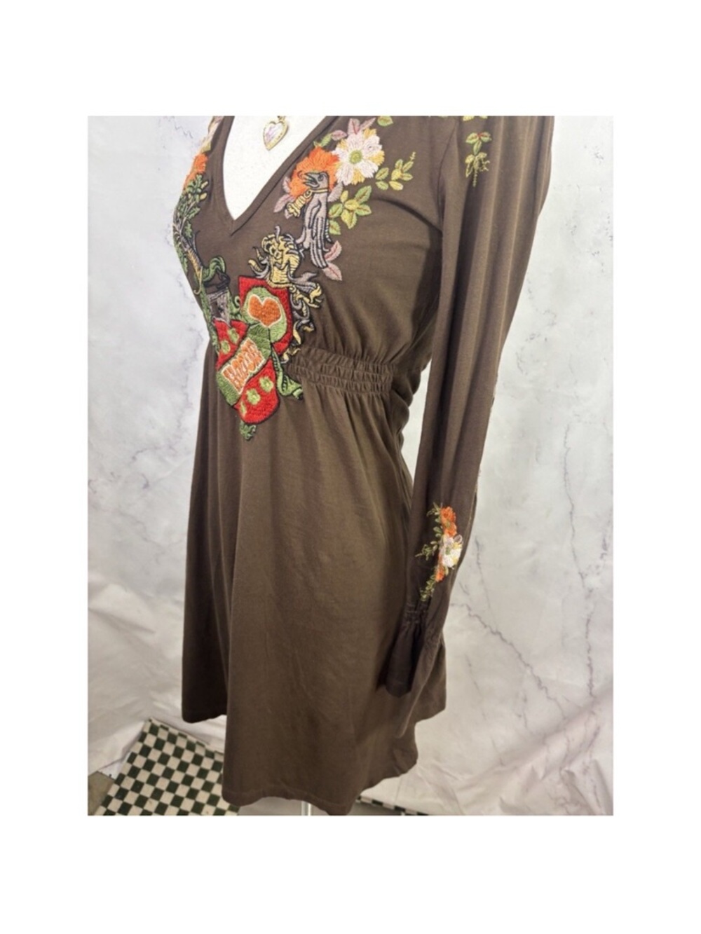 Johnny Was Brown Floral & Heart Embroidered V-Neck Long-Sleeve Dress - Picture 7 of 14